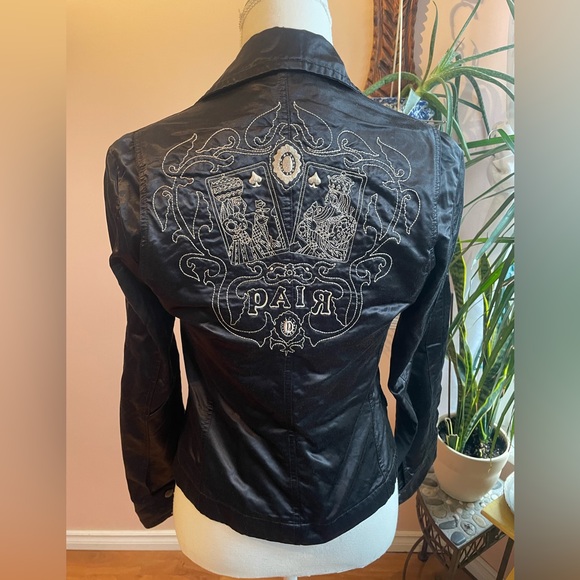 Y2k Shiny Black 'Diesel' Blazer Moto Jacket With Playing Card Embroidery - Picture 2 of 11
